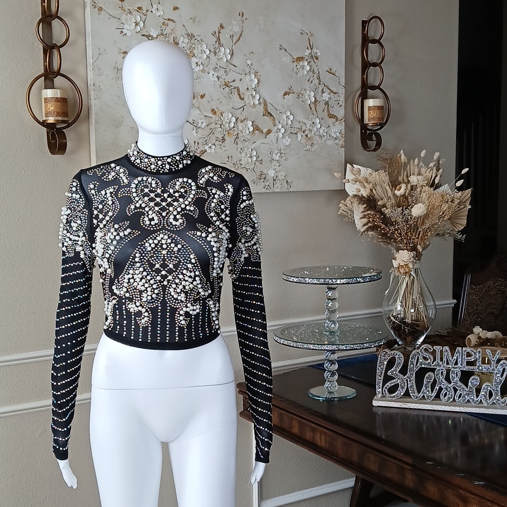 Banjul Black Beaded Long-Sleeve Crop Sheer Cocktail Mock Neck Top. Size M - Picture 5 of 17